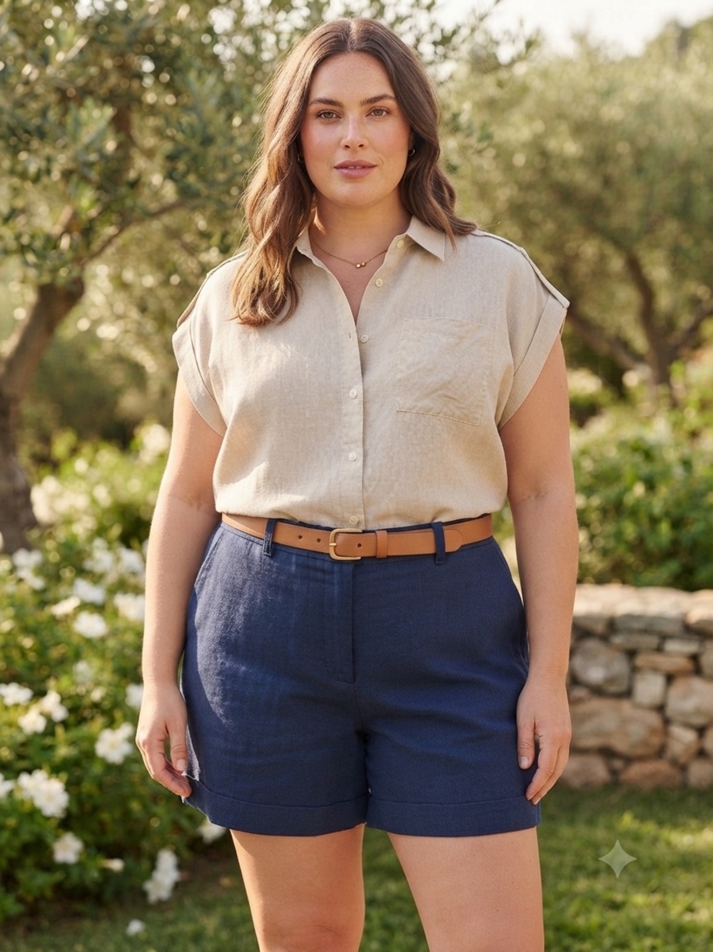 Lord & Tylor Beige Button-Front Women's Linen Top Sz-L Coastalgrandma Safari EUC